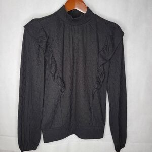 NWT LOFT Blouse Textured Black Ruffle Long Sleeve Keyhole Mock Neck Modest XS